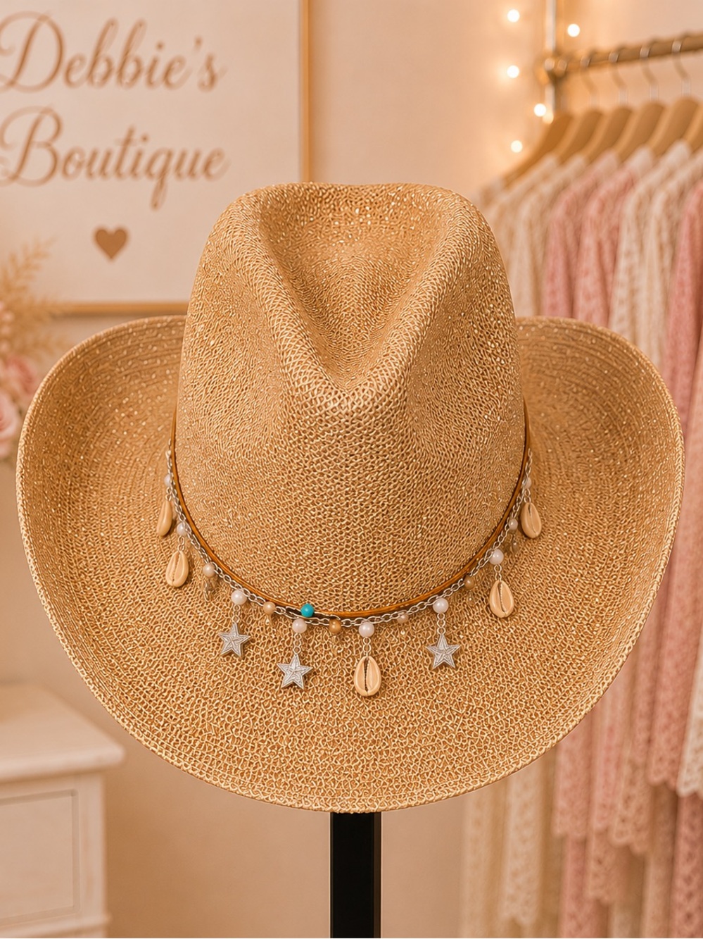 Boutique Western Cowgirl Hat Khaki Sparkle Adjustable Shell Star Charm Band NWT